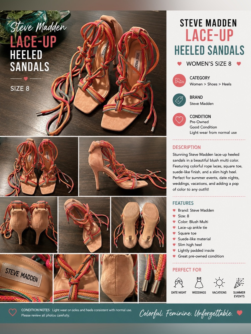Steve Madden Blush Multi Rope Lace-Up Heeled Sandals Size 8